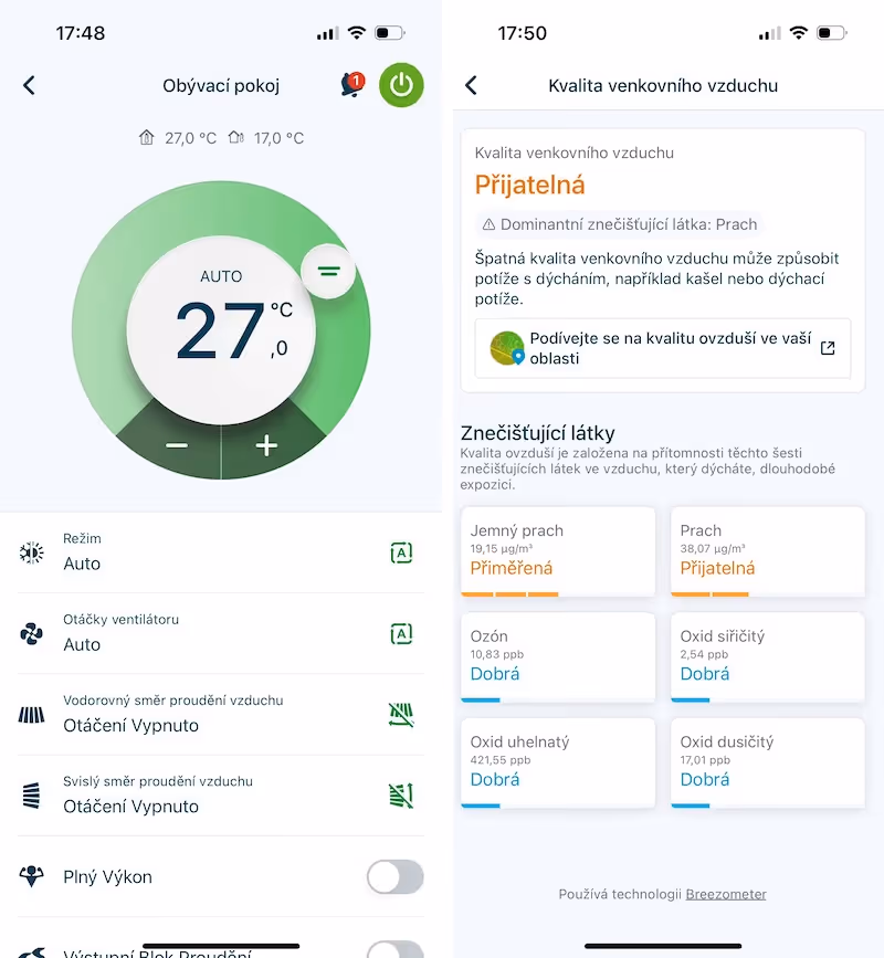 Ovládání klimatizace přes aplikaci